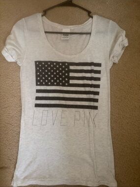 PINK Victoria's Secret Short Sleeve Tee with Black Flag Graphic
